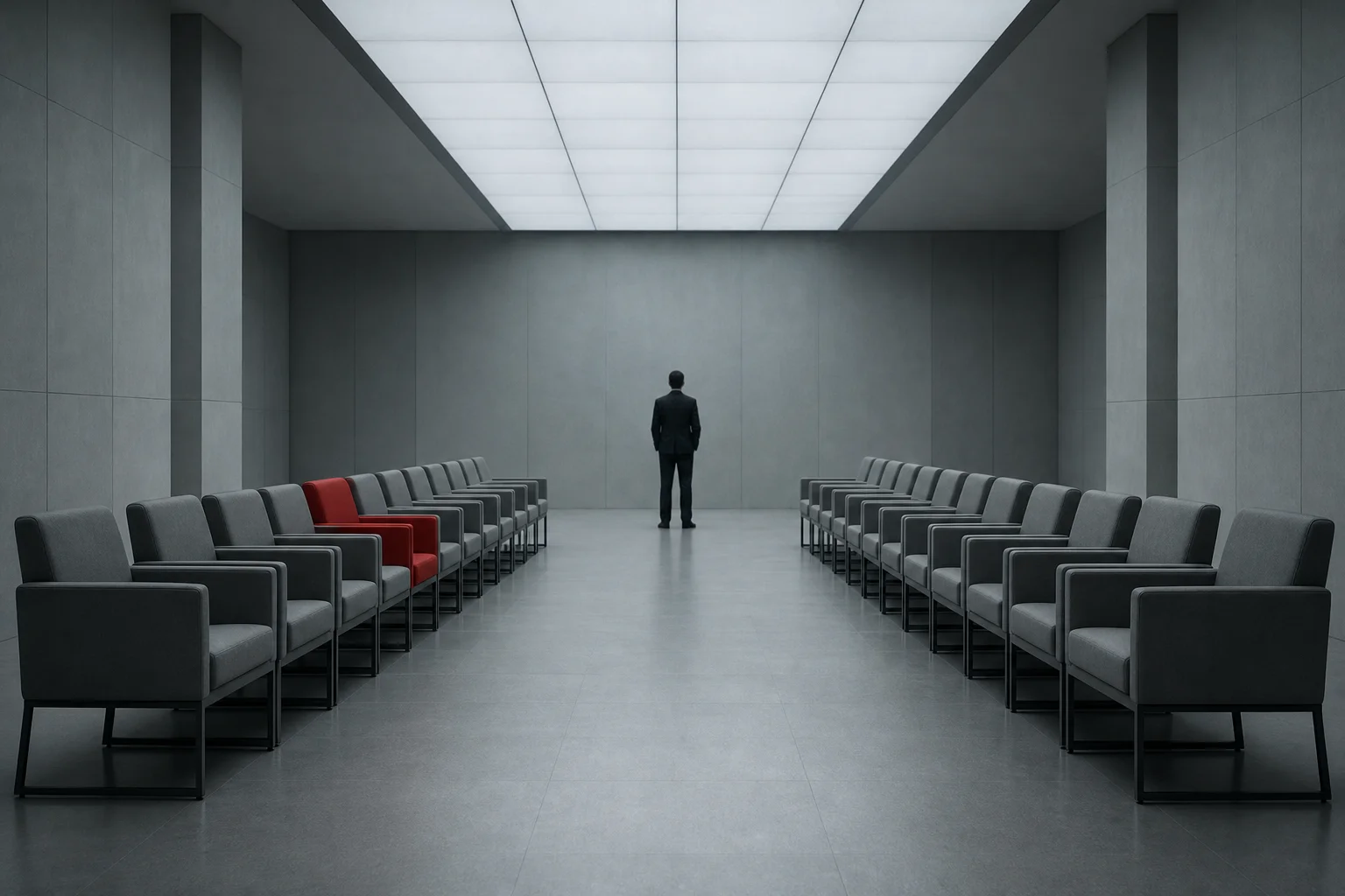 Illustration générée par IA — Salle d'attente grise et symétrique avec deux rangées de chaises identiques, dont un seul fauteuil rouge au centre