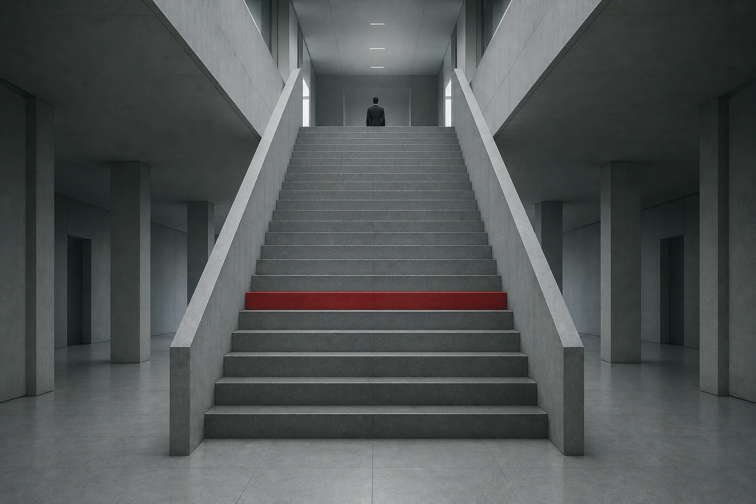 Illustration générée par IA — Escalier de bureau en béton gris, vide et symétrique, dont une seule marche au milieu est peinte en rouge vif