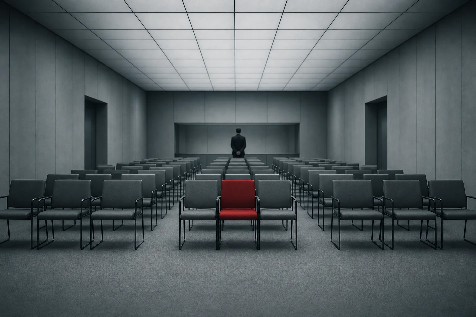 AI-generated illustration — Empty grey waiting room with symmetrical rows of identical chairs and one red chair in the middle of the centre row