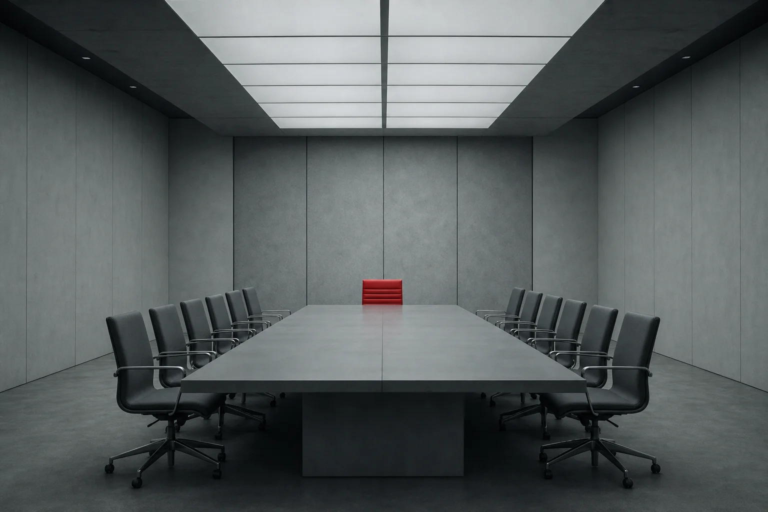 AI-generated illustration — Empty grey meeting room with a long table and rows of grey chairs, one red chair at the head of the table
