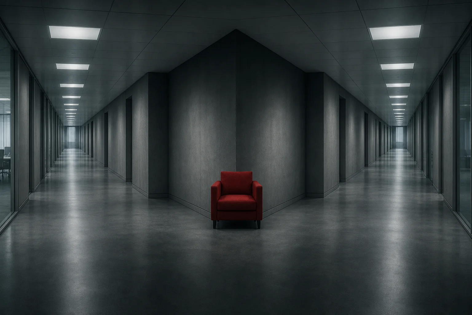 Иллюстрация, созданная ИИ — Couloir de bureau gris et symétrique qui se divise en deux, avec un fauteuil rouge placé à l'embranchement