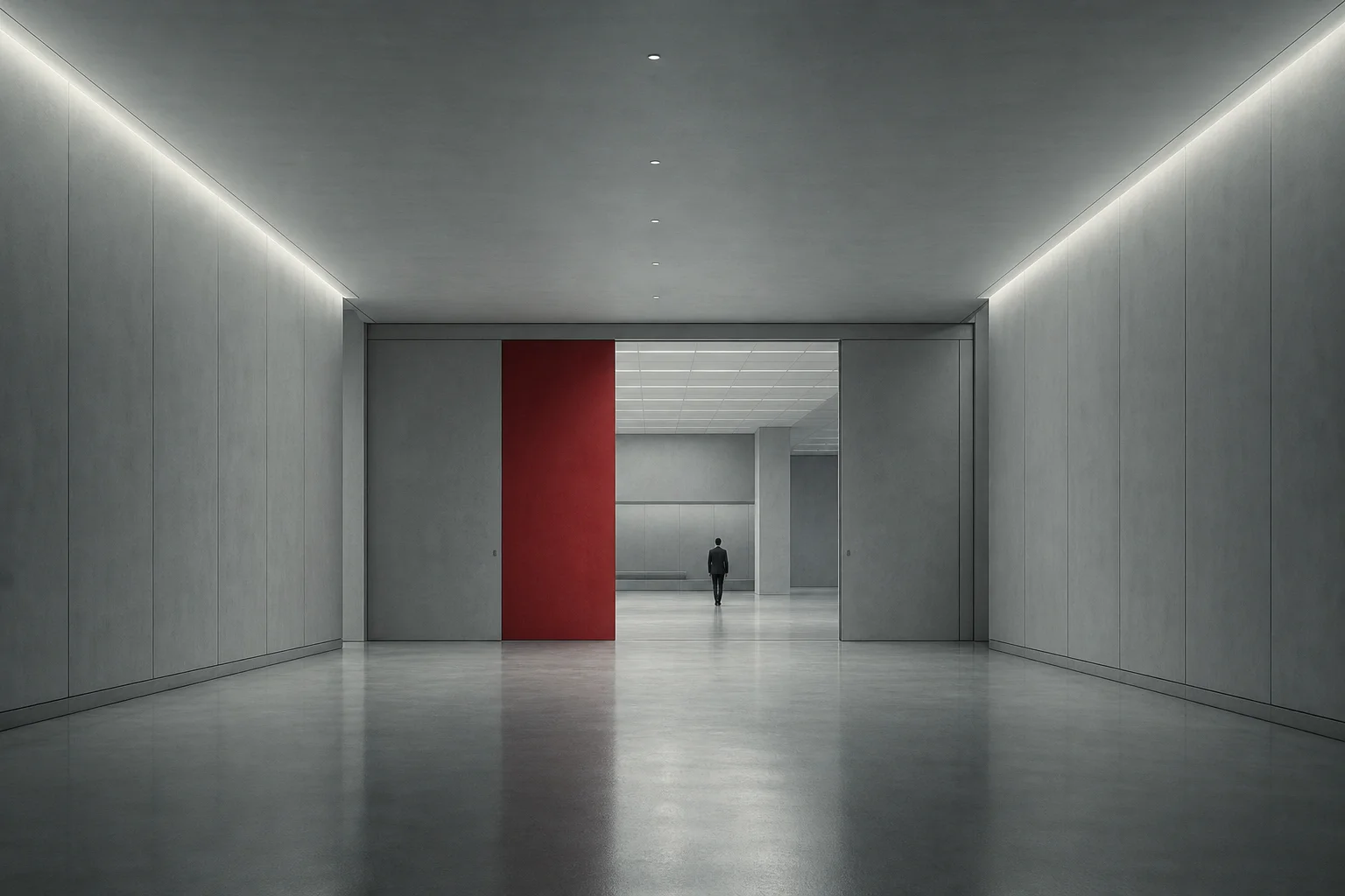 AI-generated illustration — Empty grey corridor with a large red sliding wall panel opening onto more space